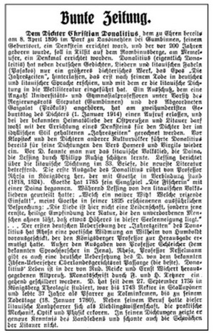 Christian Donalitius Zeitungsartikel Tetzner Bunte Zeitung Donelaitis